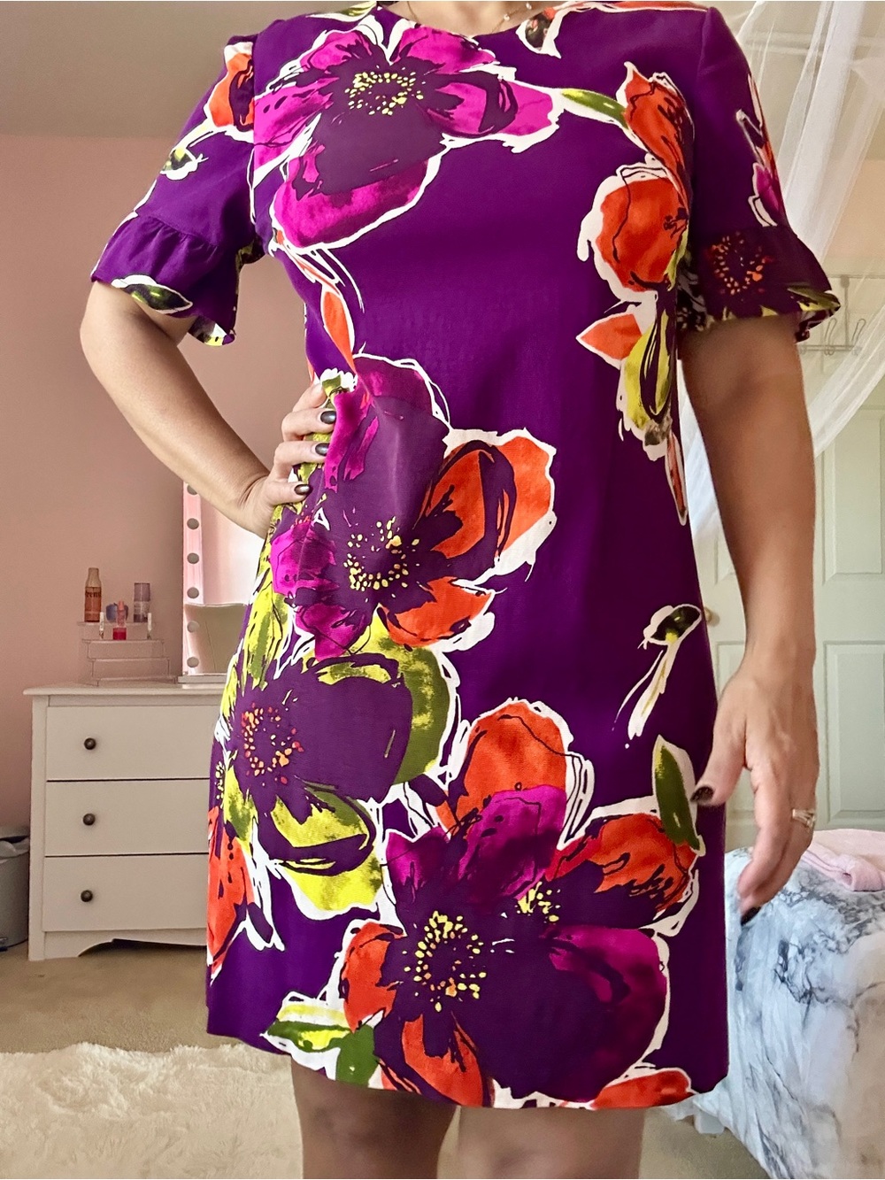 Trina Turk Purple Floral Mini Dress with Orange & Green Accents